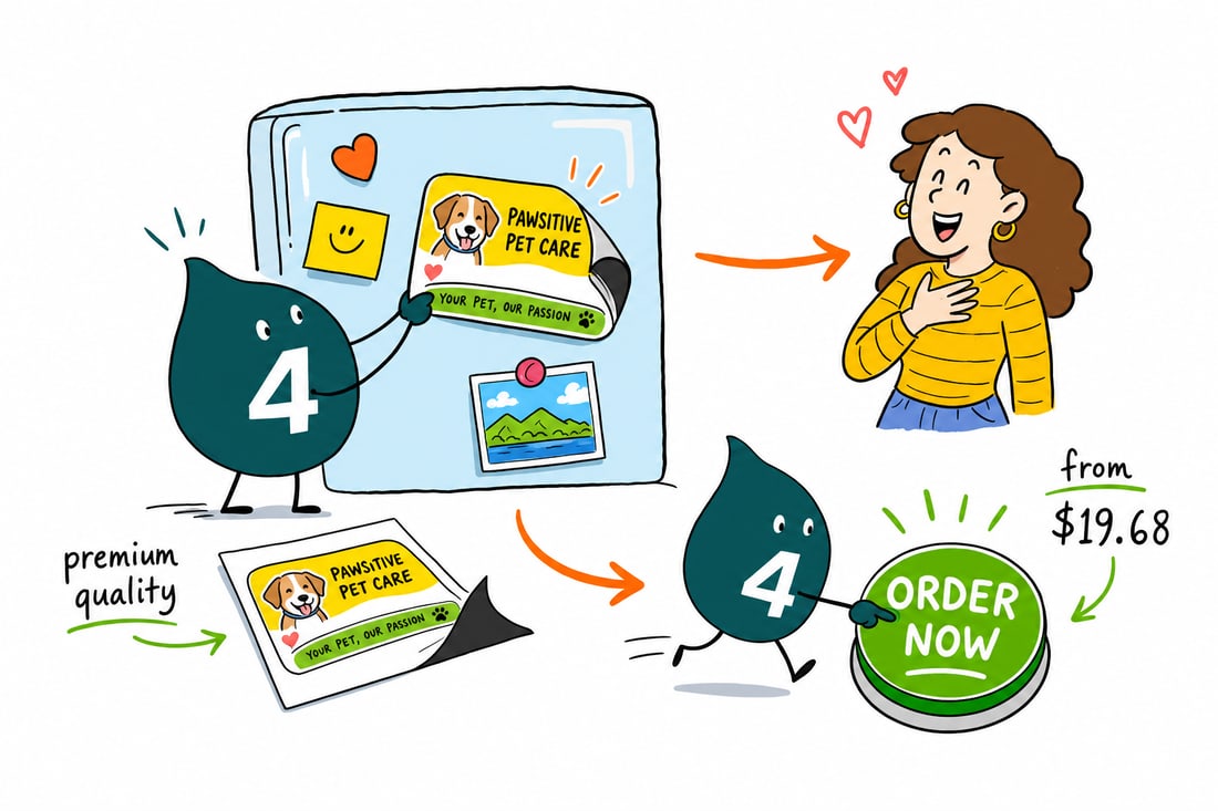 Wally the 4OVER4 mascot pressing a full-color magnet label onto a metal surface, priced from $19.68, teal hand-drawn line art.