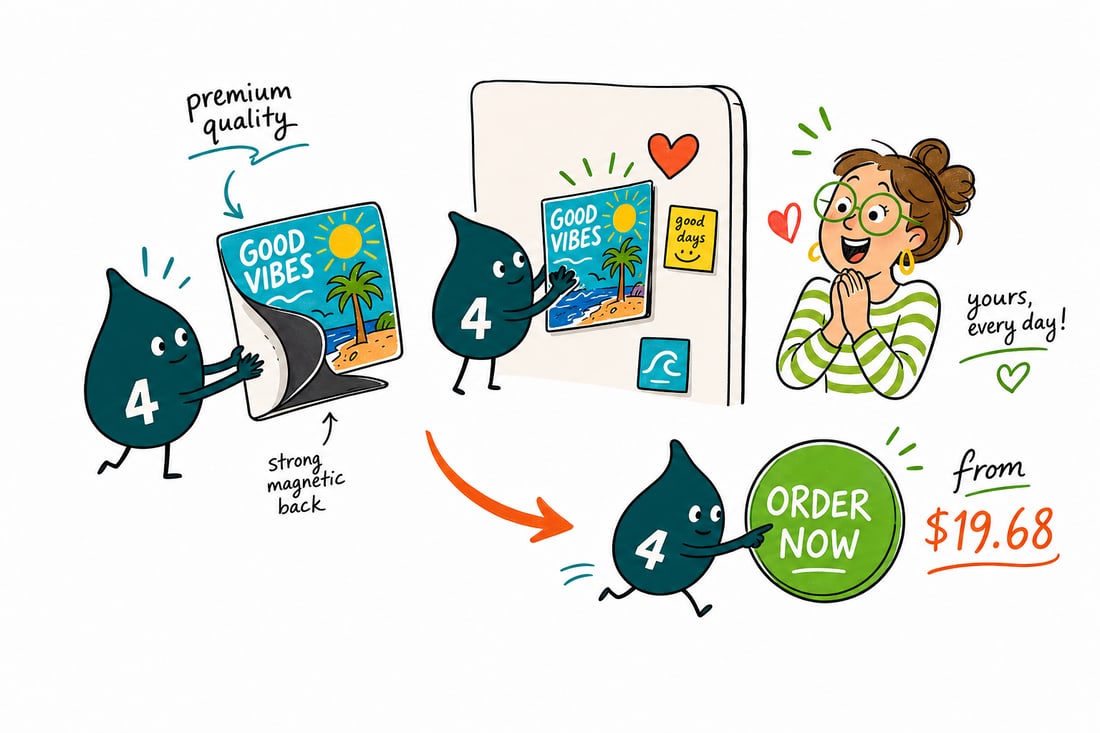 Wally the 4OVER4 mascot pressing a full-color magnet postcard onto a refrigerator door, teal hand-drawn line art.