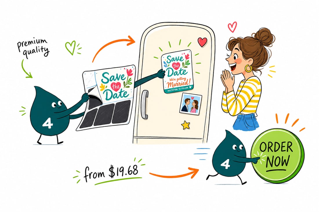 Wally the 4OVER4 mascot pressing a full color magnet save the date card onto a refrigerator door, priced from $19.68 for 25, teal hand-drawn line art.
