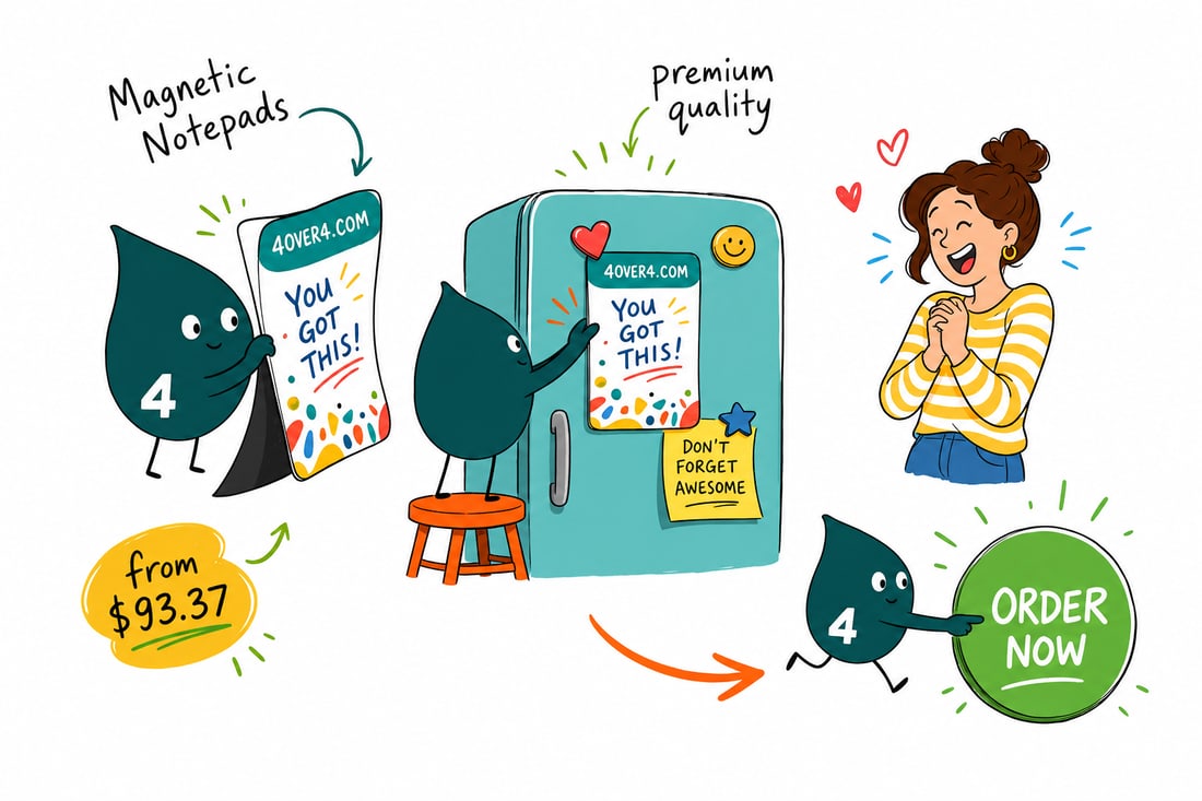 Wally the 4OVER4 mascot pressing a magnetic notepad onto a stainless steel fridge, 25 sheets printed with a logo, teal hand-drawn line art.