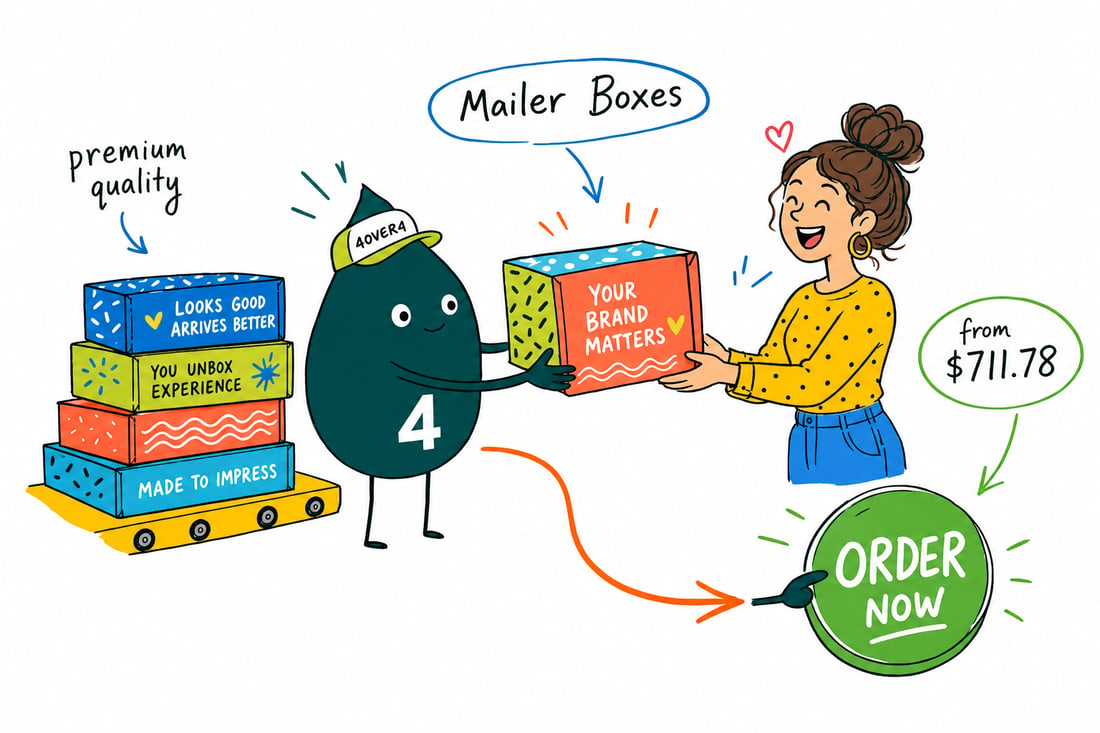 Wally the 4OVER4 mascot handing a printed mailer box, priced from $711.78 for 250, to a happy online shop owner, teal hand-drawn line art.