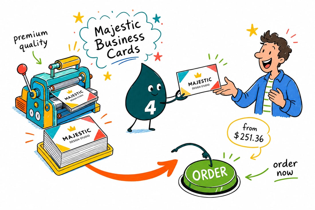 Wally the 4OVER4 mascot handing a gold foil-stamped majestic business card, priced at $251.36 for 250, across a counter to an impressed customer, teal hand-drawn line art.