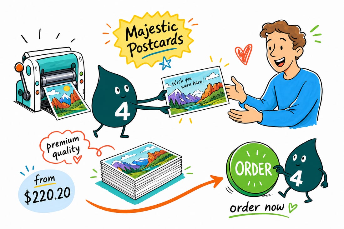 Wally the 4OVER4 mascot handing a glossy laminated majestic postcard, priced from $220.20 for 100, across a counter to a happy customer, teal hand-drawn line art.