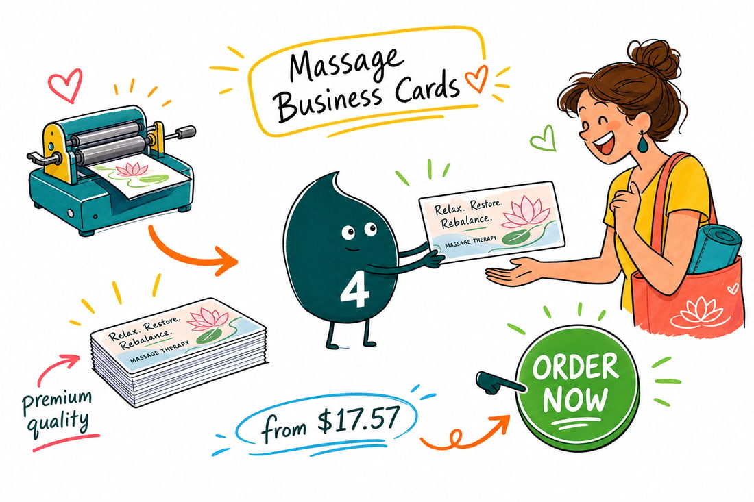 Wally the 4OVER4 mascot handing a massage business card, priced at $17.57 for 100, across a spa counter to a happy client, teal hand-drawn line art.