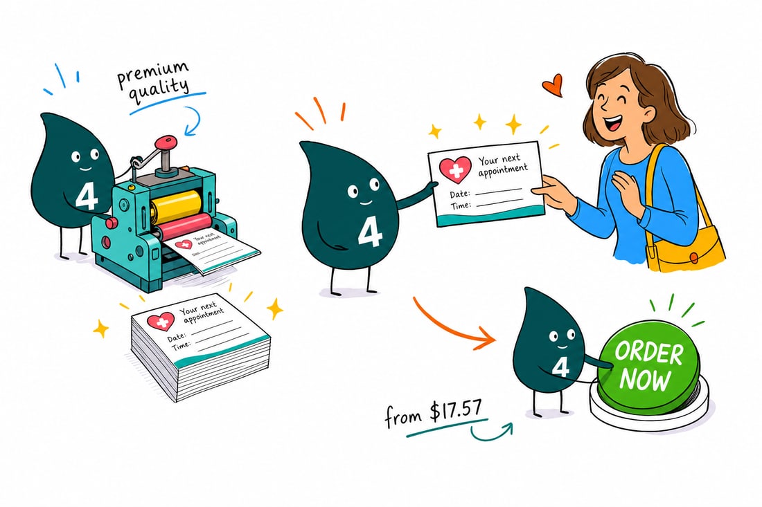Wally the 4OVER4 mascot handing a medical appointment reminder card, priced at $17.57 for 100, to a patient at a clinic front desk, teal hand-drawn line art.
