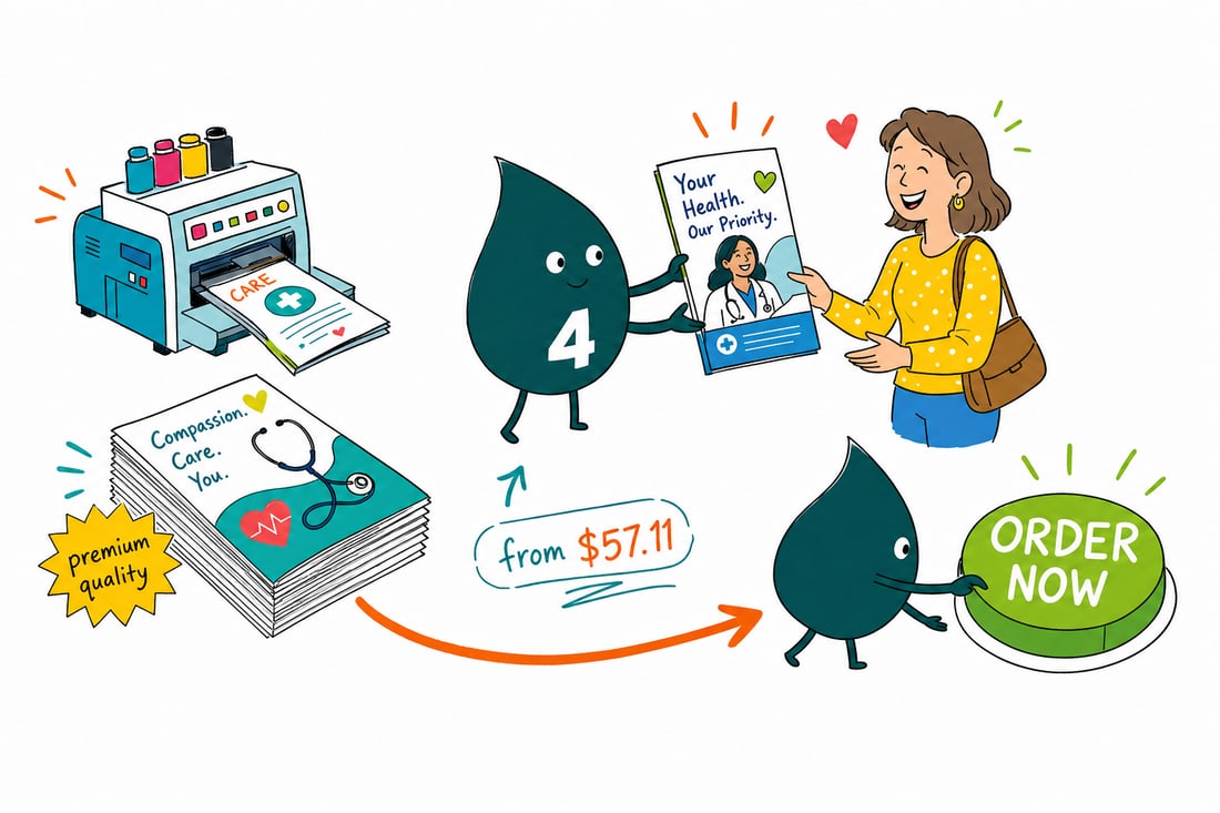 Wally the 4OVER4 mascot handing an open full-color medical brochure, priced at $57.11 for 50, across a clinic counter to a patient, teal hand-drawn line art.