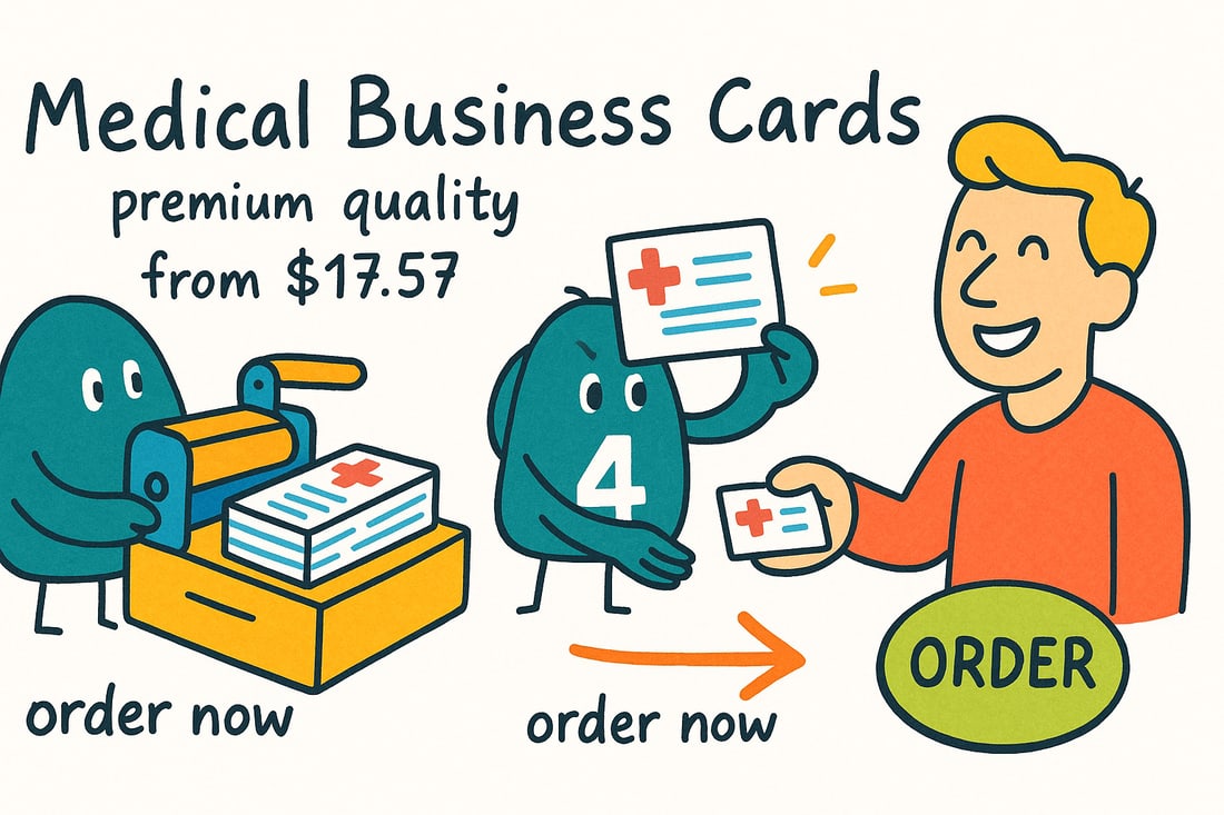 Wally the 4OVER4 mascot handing a clean medical business card, priced at $17.57 for 100, across a reception desk to a doctor, teal hand-drawn line art.
