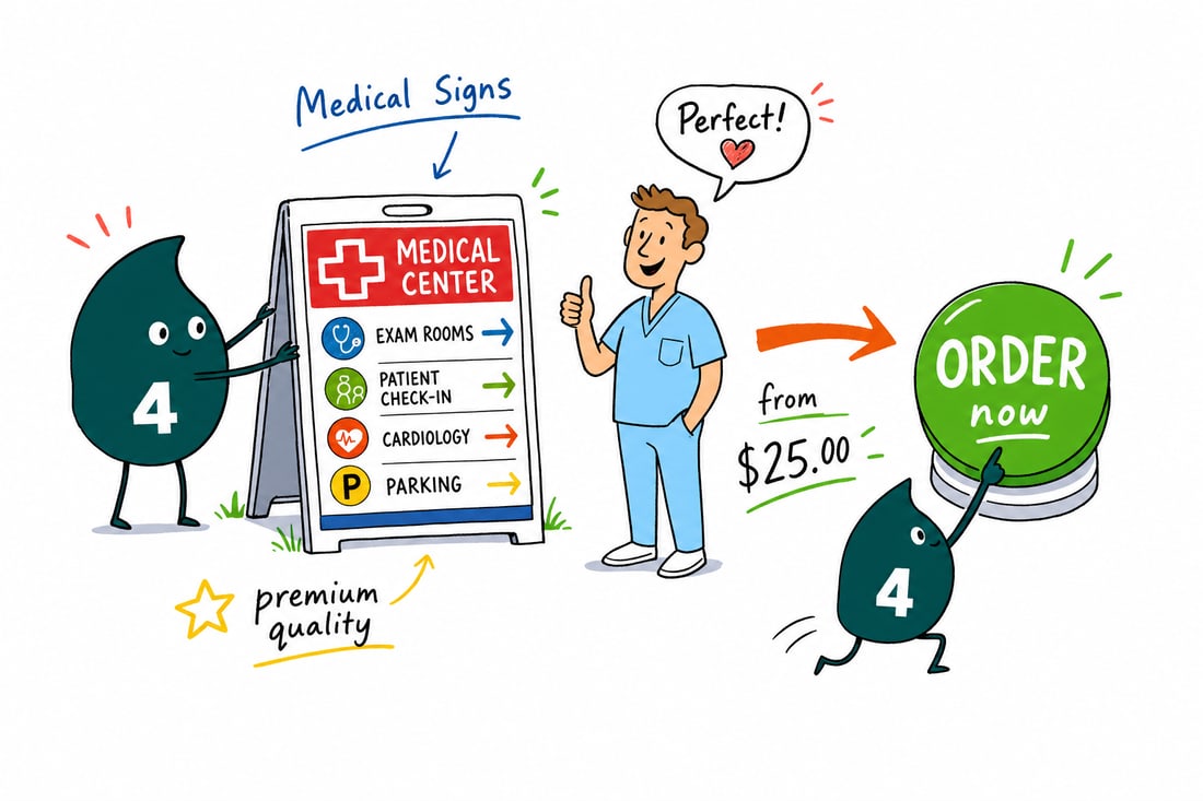 Wally the 4OVER4 mascot hanging a laminated medical wayfinding sign priced at $25 in a bright clinic hallway, teal hand-drawn line art.