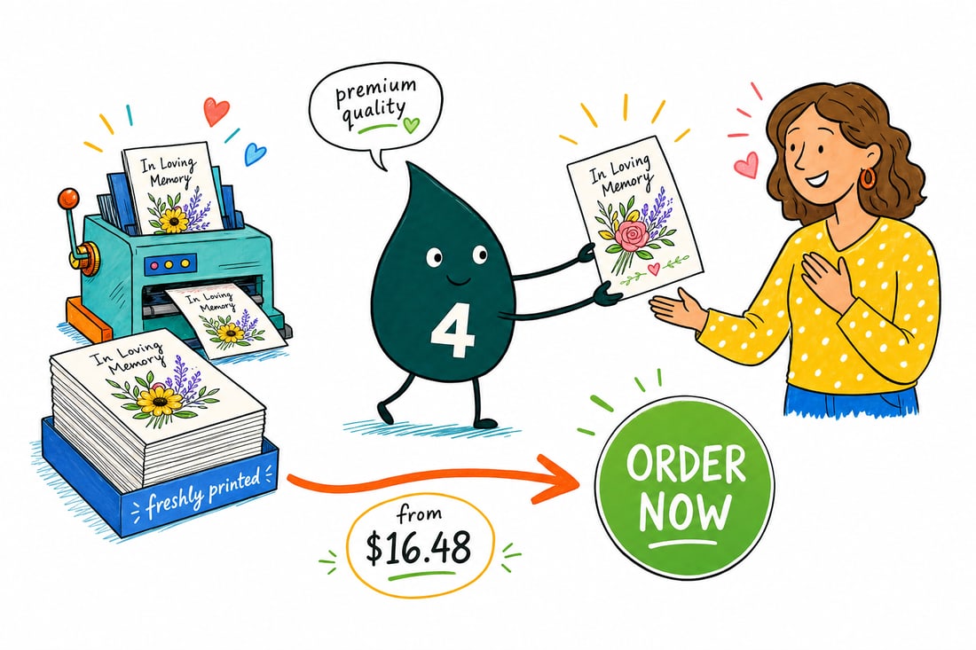 Wally the 4OVER4 mascot gently handing a memorial keepsake card printed with a photo and dates to a family member across a counter, teal hand-drawn line art.