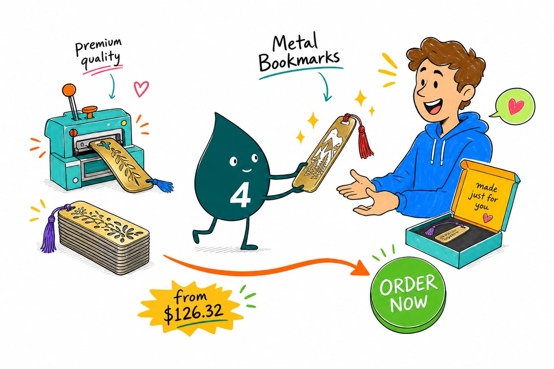 Wally the 4OVER4 mascot holding a slim 2 by 6 inch metal bookmark with a shiny metallic foil accent and a tassel, priced at $247.15 for 500, teal hand-drawn line art.