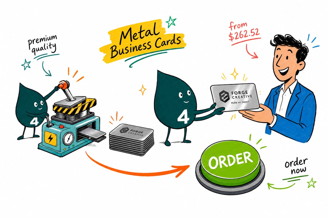 Wally the 4OVER4 mascot handing a polished metal business card, priced from $262.52 for 50, across a counter to an impressed customer, teal hand-drawn line art.