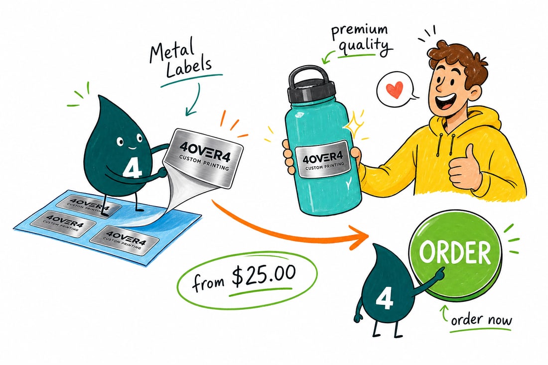 Wally the 4OVER4 mascot peeling a custom metal label off its backing and pressing it onto a product jar, teal hand-drawn line art.