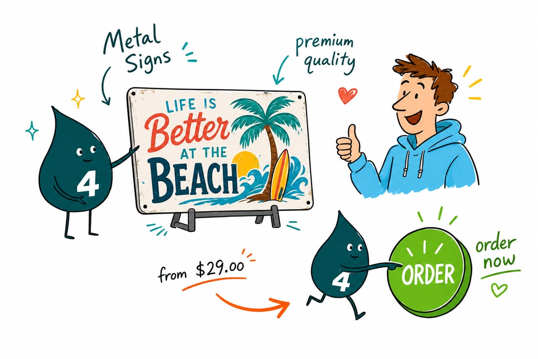 Wally the 4OVER4 mascot holding up a printed 1/8 inch aluminum metal sign priced at $29 with mounting holes drilled in the corners, teal hand-drawn line art.