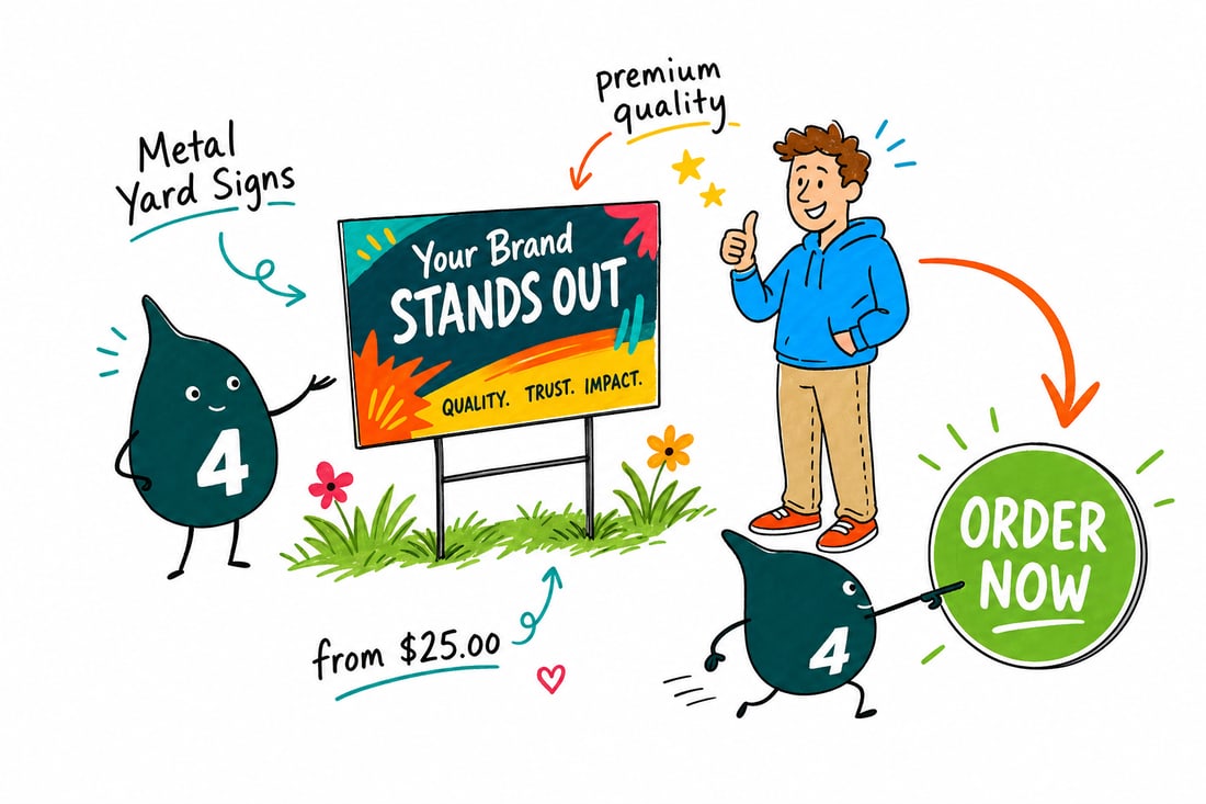 Wally the 4OVER4 mascot pressing a 12 by 18 inch coroplast yard sign onto a wire H-stake in a green lawn, priced from $25, teal hand-drawn line art.