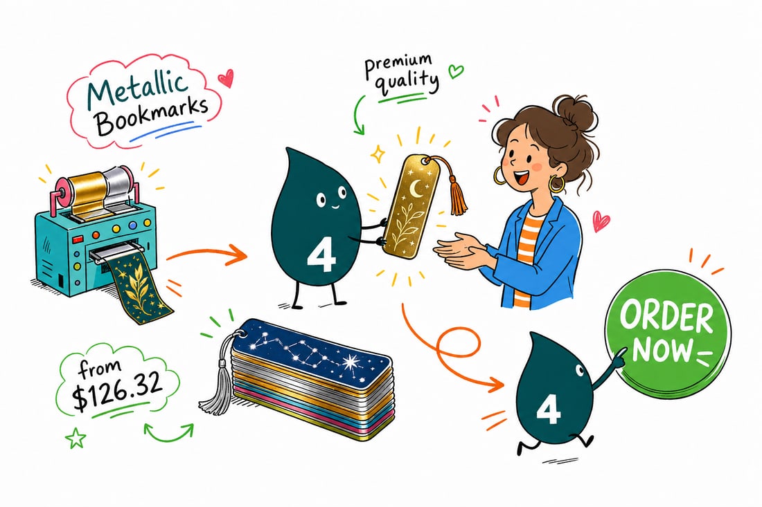 Wally the 4OVER4 mascot holding a shiny 2 by 6 inch metallic bookmark with a gold foil accent and a tassel, priced from $126.32, teal hand-drawn line art.