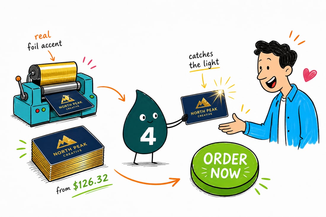 Wally the 4OVER4 mascot handing a gleaming metallic business card with a foil accent across a counter to a smiling customer, a fresh stack priced from $126.32 for 500 beside him, teal hand-drawn line art with metallic shine highlights.