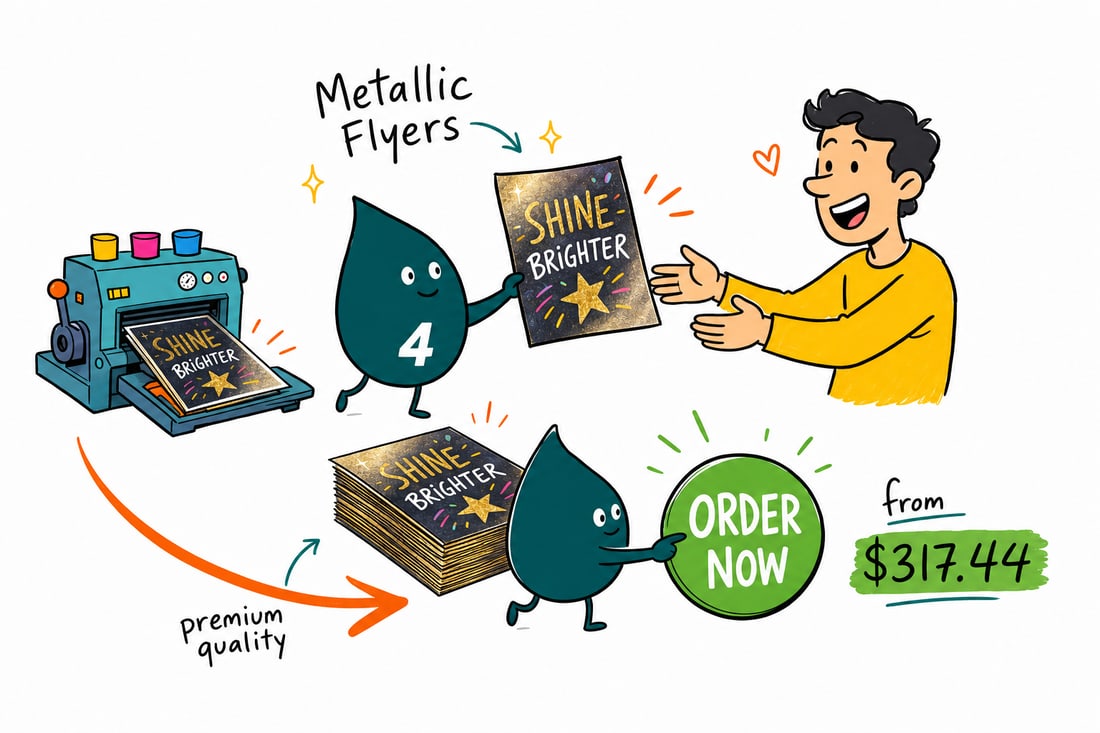 Wally the 4OVER4 mascot holding a metallic flyer with a shiny foil accent on the front, priced from $317.44 for 500, teal hand-drawn line art.