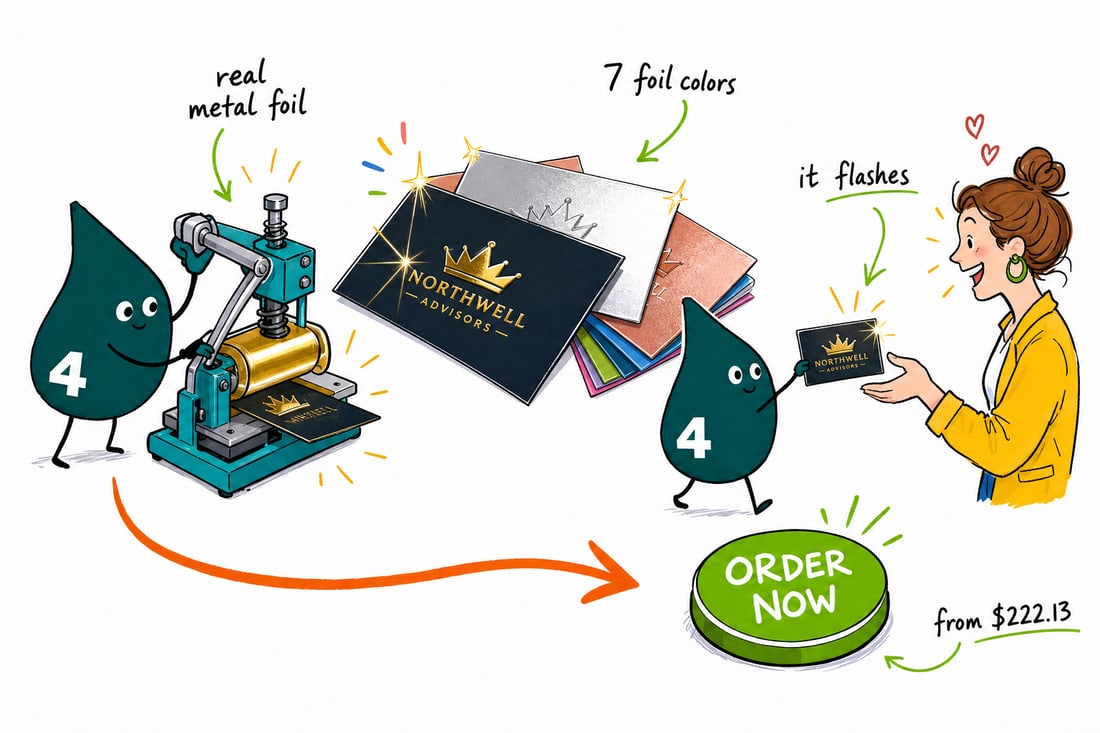Wally the 4OVER4 mascot pressing a heated foil die onto a business card, gold foil flashing on the logo, a stack of finished metallic foil cards priced at $222.13 for 500 handed to a happy customer, teal hand-drawn line art.