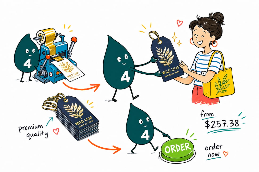 Wally the 4OVER4 mascot holding a metallic foil hangtag with a shining gold-foil logo and a drilled hanging hole, priced at $257.38 for 500, handing it across a counter, teal hand-drawn line art.