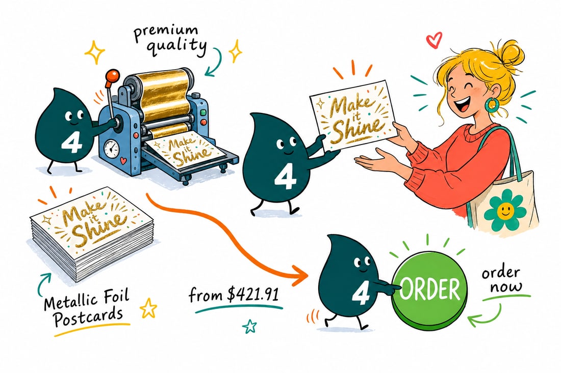 Wally the 4OVER4 mascot handing a shiny gold-foil postcard, priced at $421.91 for 500, across a counter to a happy customer, teal hand-drawn line art.
