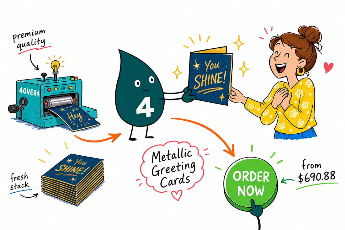 Wally the 4OVER4 mascot holding a folded metallic greeting card with a foil accent catching the light, priced from $690.88 for 500, teal hand-drawn line art.