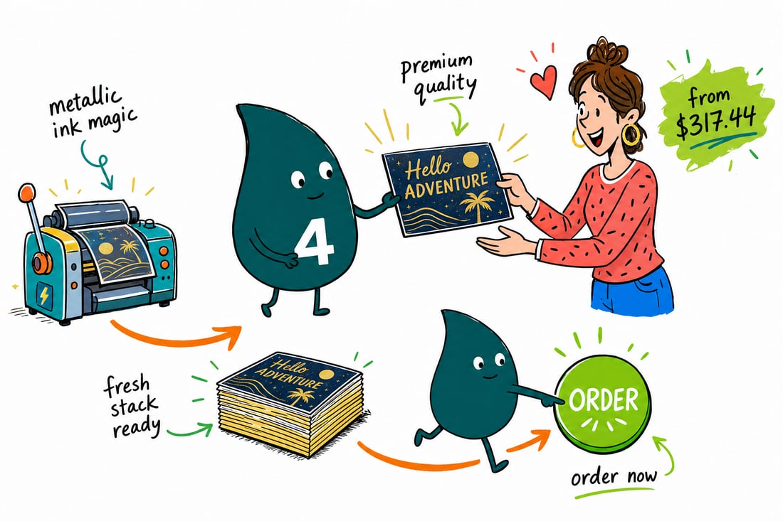 Wally the 4OVER4 mascot handing a gleaming gold metallic-ink postcard, priced at $317.44 for 500, across a counter to a happy customer, teal hand-drawn line art.
