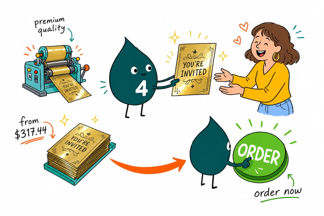 Wally the 4OVER4 mascot holding up a metallic invitation card with a shiny metallic foil accent, priced at $317.44 for 500, teal hand-drawn line art.