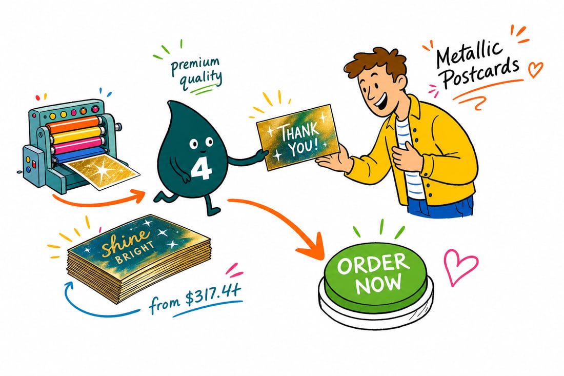 Wally the 4OVER4 mascot handing a shiny metallic-accent postcard, priced at $317.44 for 500, across a counter to a happy customer, teal hand-drawn line art.