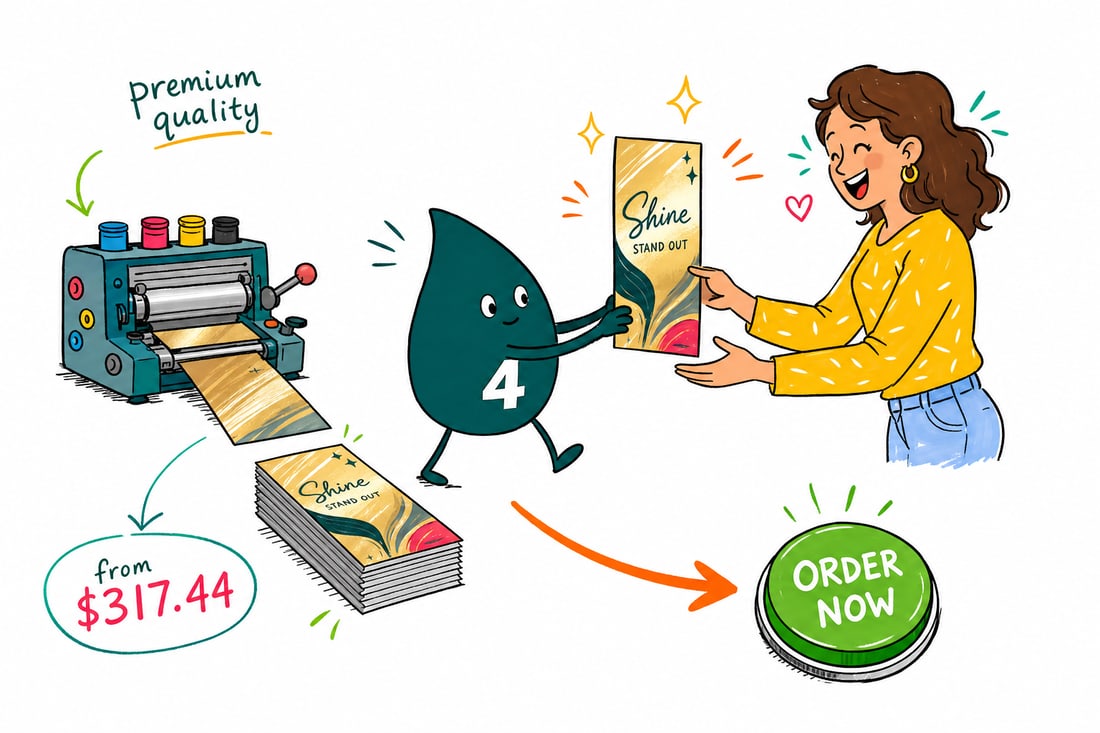 Wally the 4OVER4 mascot holding a tall 4 by 9 inch metallic rack card with a shiny foil accent on the front, sliding it into a literature display rack, teal hand-drawn line art.