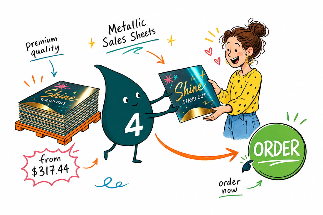 Wally the 4OVER4 mascot holding up a metallic sales sheet with a foil accent catching the light, priced from $317.44 for 500, teal hand-drawn line art.