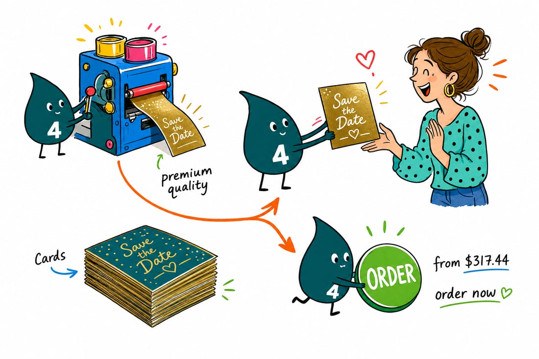 Wally the 4OVER4 mascot holding a shiny metallic save the date card with a foil-accented date, handing it across a counter to a happy customer, teal hand-drawn line art.