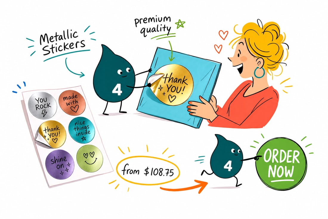 Wally the 4OVER4 mascot handing a shiny full-color sticker with a metallic foil accent priced at $108.75 for 500 across a counter to a happy customer, teal hand-drawn line art.