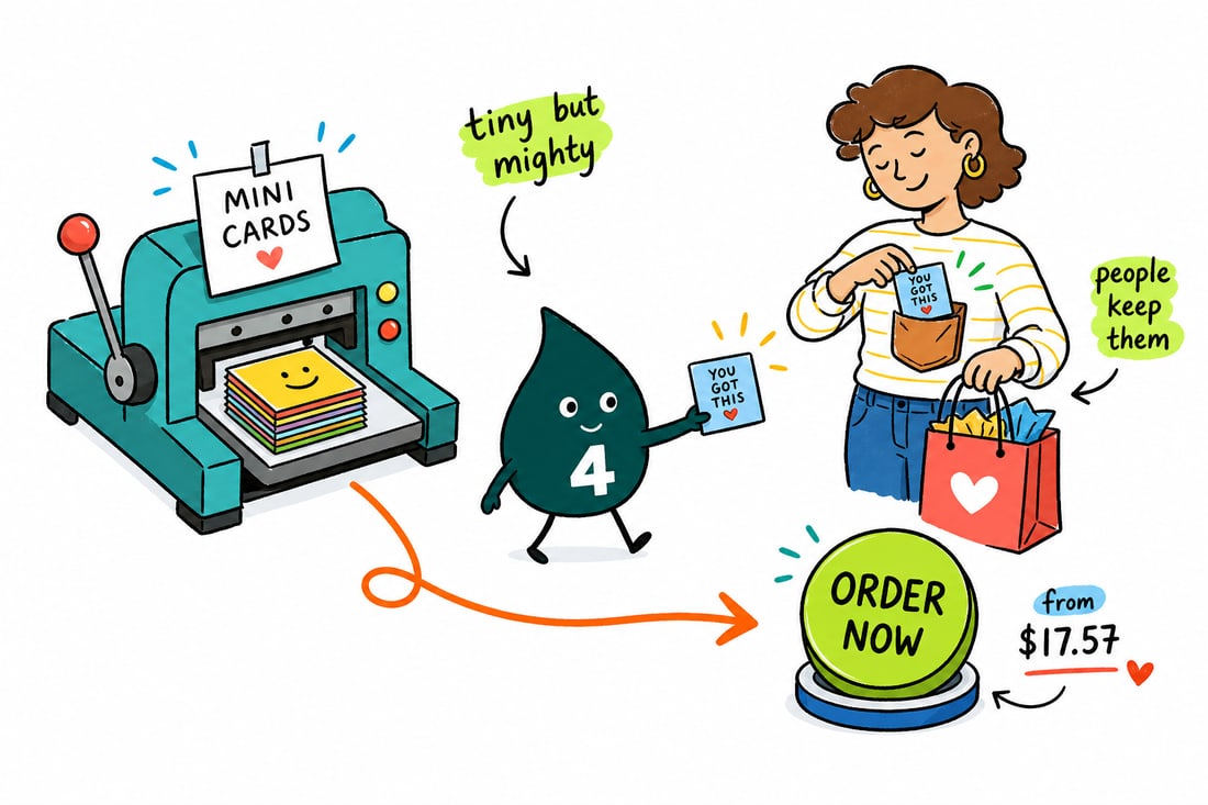 Wally the 4OVER4 mascot handing a small square mini card, priced at $17.57 for 100, across a counter to a happy customer, teal hand-drawn line art.