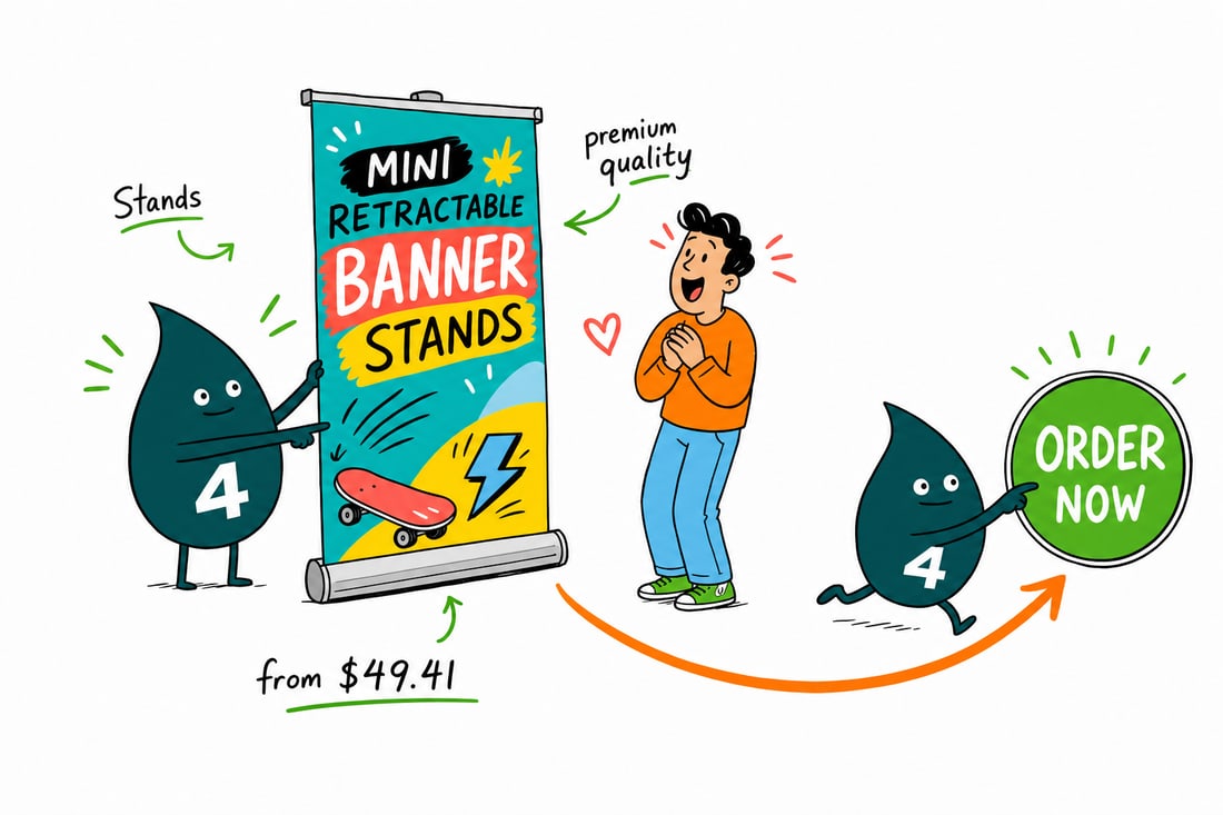 Wally the 4OVER4 mascot standing a mini retractable banner stand on a countertop, priced at $49.41, teal hand-drawn line art.