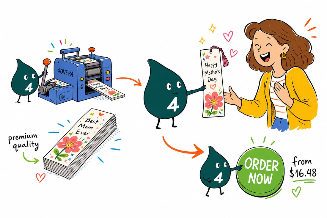 Wally the 4OVER4 mascot handing a tall Mother's Day bookmark with a ribbon, priced at $16.48 for 50, across a counter to a happy customer, teal hand-drawn line art.