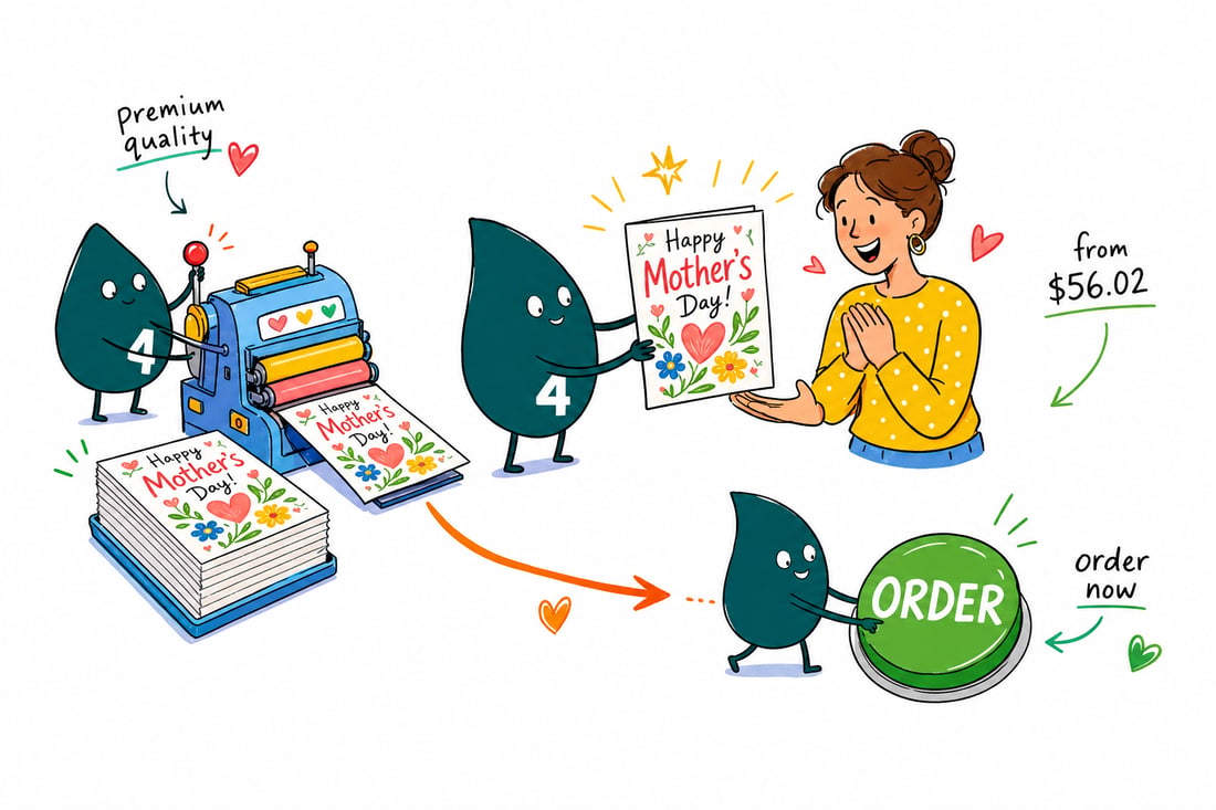 Wally the 4OVER4 mascot handing a folded Mother's Day greeting card, priced from $56.02 for 50, across a counter to a happy customer, teal hand-drawn line art.