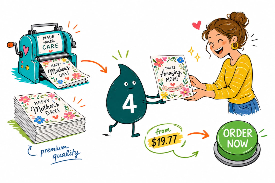 Wally the 4OVER4 mascot handing a Mother's Day invitation card, priced from $19.77 for 25, with a matching white envelope, teal hand-drawn line art.