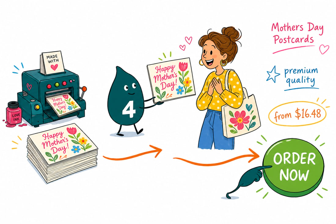 Wally the 4OVER4 mascot handing a Mother's Day postcard, priced at $16.48 for 50, across a counter to a happy customer, teal hand-drawn line art with a 4.