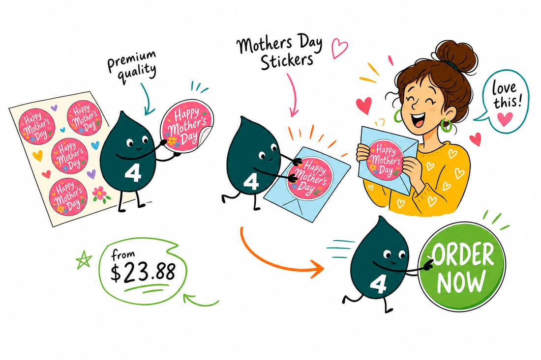 Wally the 4OVER4 mascot pressing a full-color Mother's Day sticker onto a wrapped gift, priced from $23.88, teal hand-drawn line art.