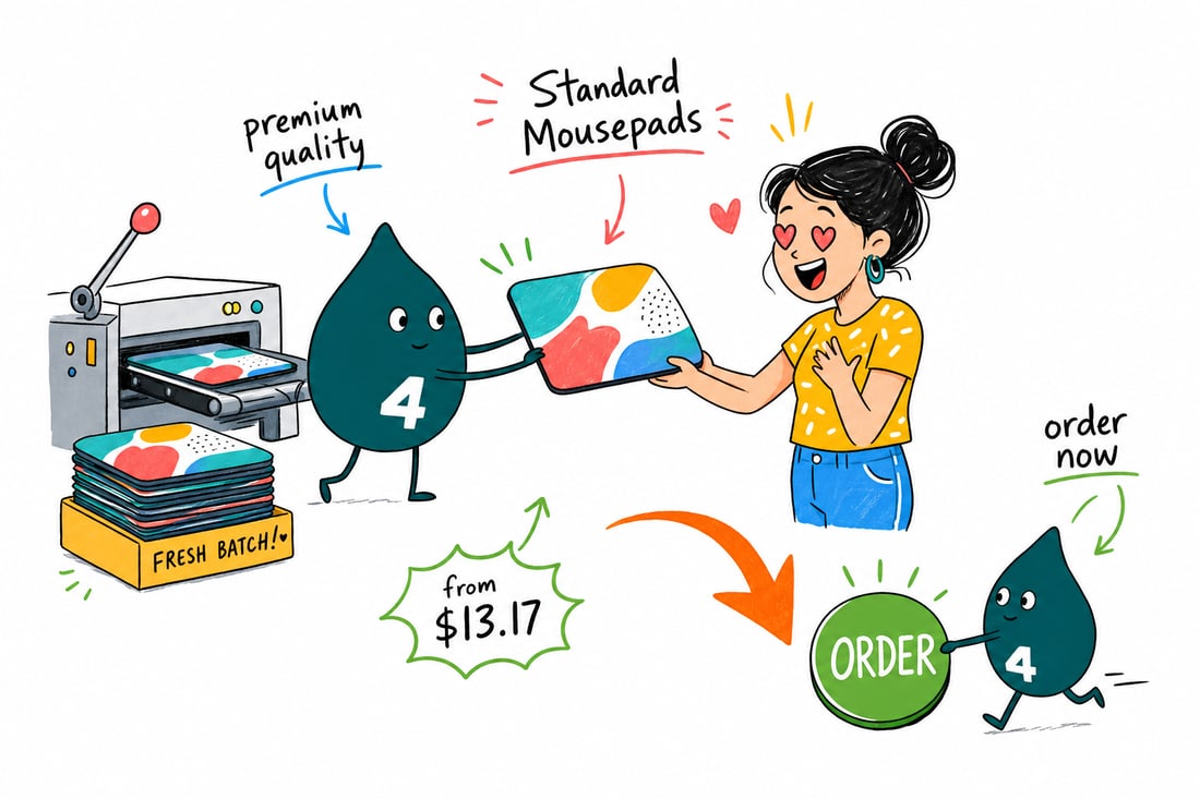 Wally the 4OVER4 mascot sliding a full-color custom mousepad priced at $13.17 across a desk to a smiling customer, teal hand-drawn line art.