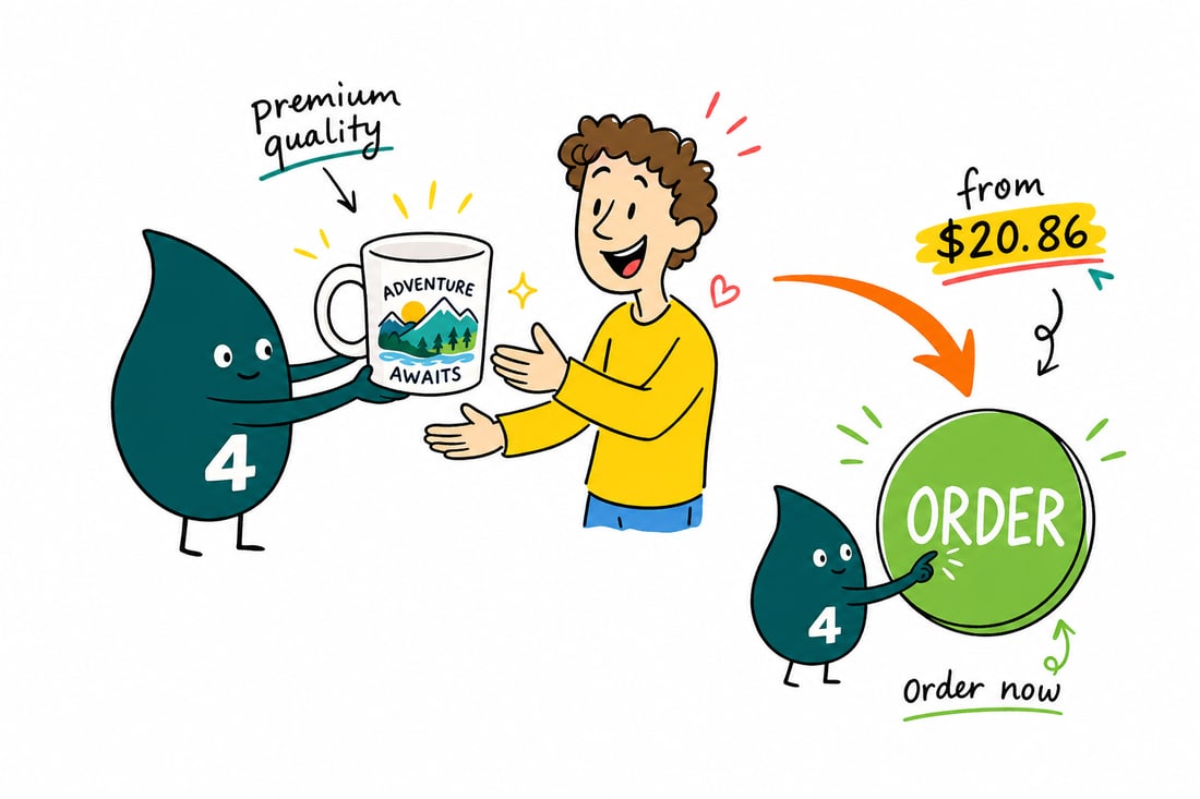 Wally the 4OVER4 mascot handing a white ceramic mug with a full-color wraparound logo, priced at $20.86, across a counter to a happy customer, teal hand-drawn line art.