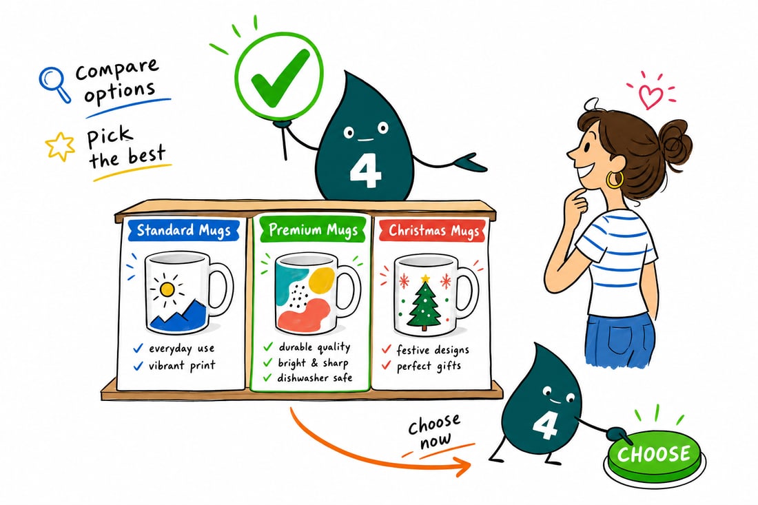 Wally compares Mugs options side by side at 4OVER4.COM