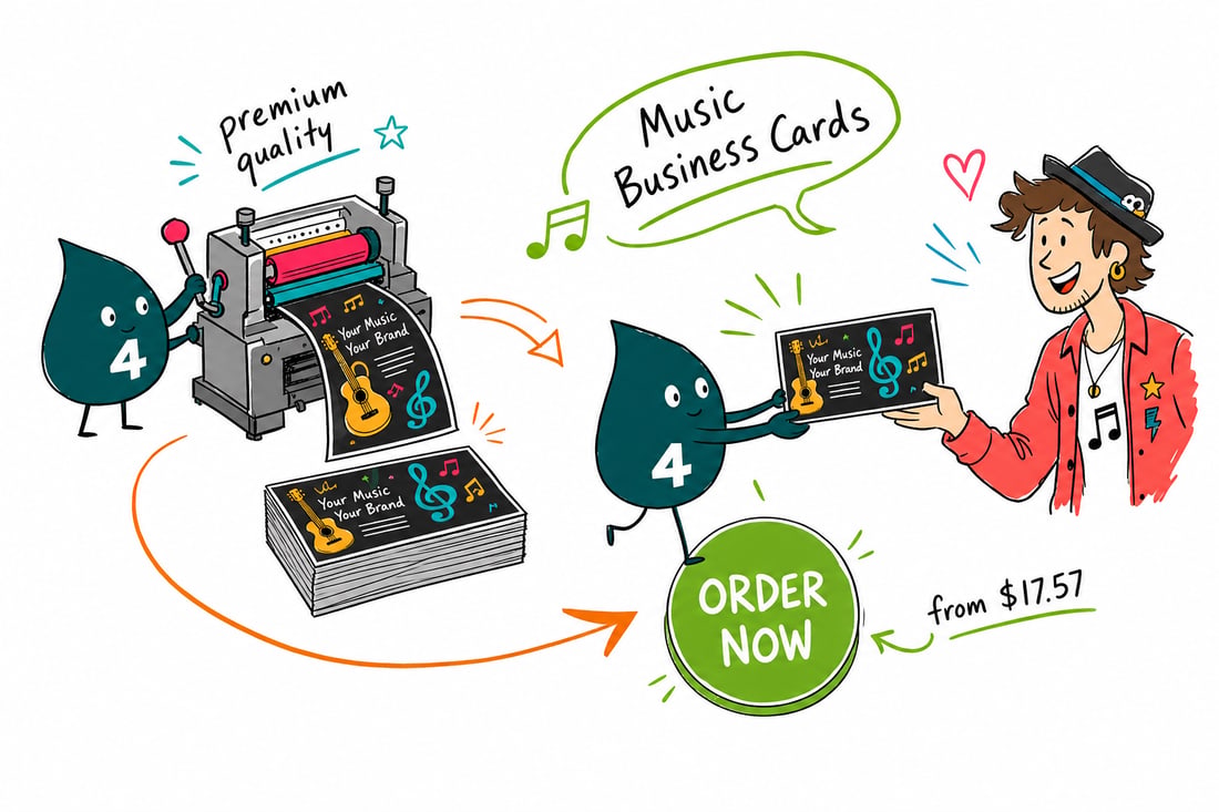 Wally the 4OVER4 mascot handing a music business card printed with a band name and a QR code, priced at $17.57 for 100, to a musician at a merch table, teal hand-drawn line art.