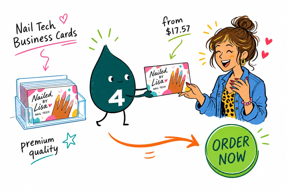 Wally the 4OVER4 mascot handing a nail tech business card, priced at $17.57 for 100, across a salon counter to a happy client, teal hand-drawn line art.