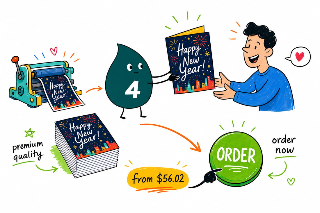 Wally the 4OVER4 mascot handing a folded New Year greeting card, priced at $56.02 for 50, across a counter to a happy customer, teal hand-drawn line art.