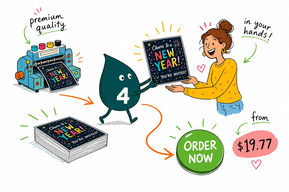 Wally the 4OVER4 mascot handing a gold metallic new year invitation, priced at $19.77 for 25, across a counter to a happy party host, teal hand-drawn line art.