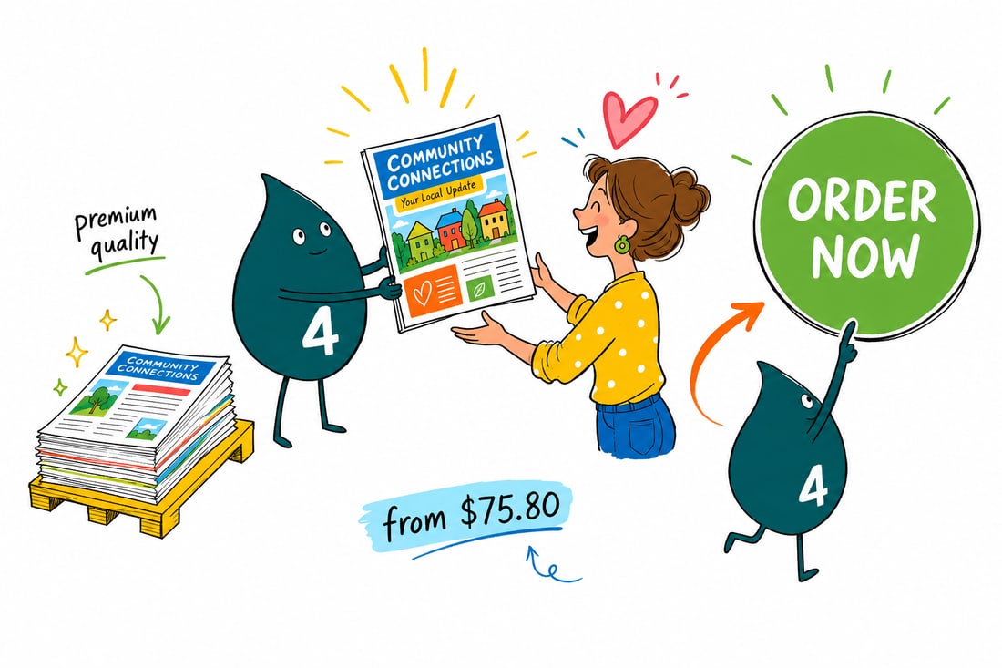 Wally the 4OVER4 mascot handing a freshly printed newsletter, priced at $75.80 for 50, across a counter to a happy customer, teal hand-drawn line art.