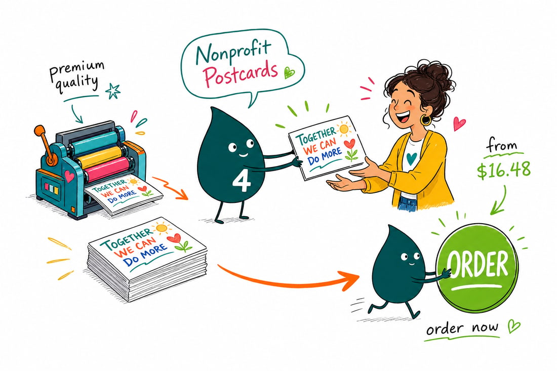 Wally the 4OVER4 mascot handing a full-color nonprofit postcard, priced at $16.48 for 50, across a counter to a smiling donor, teal hand-drawn line art.