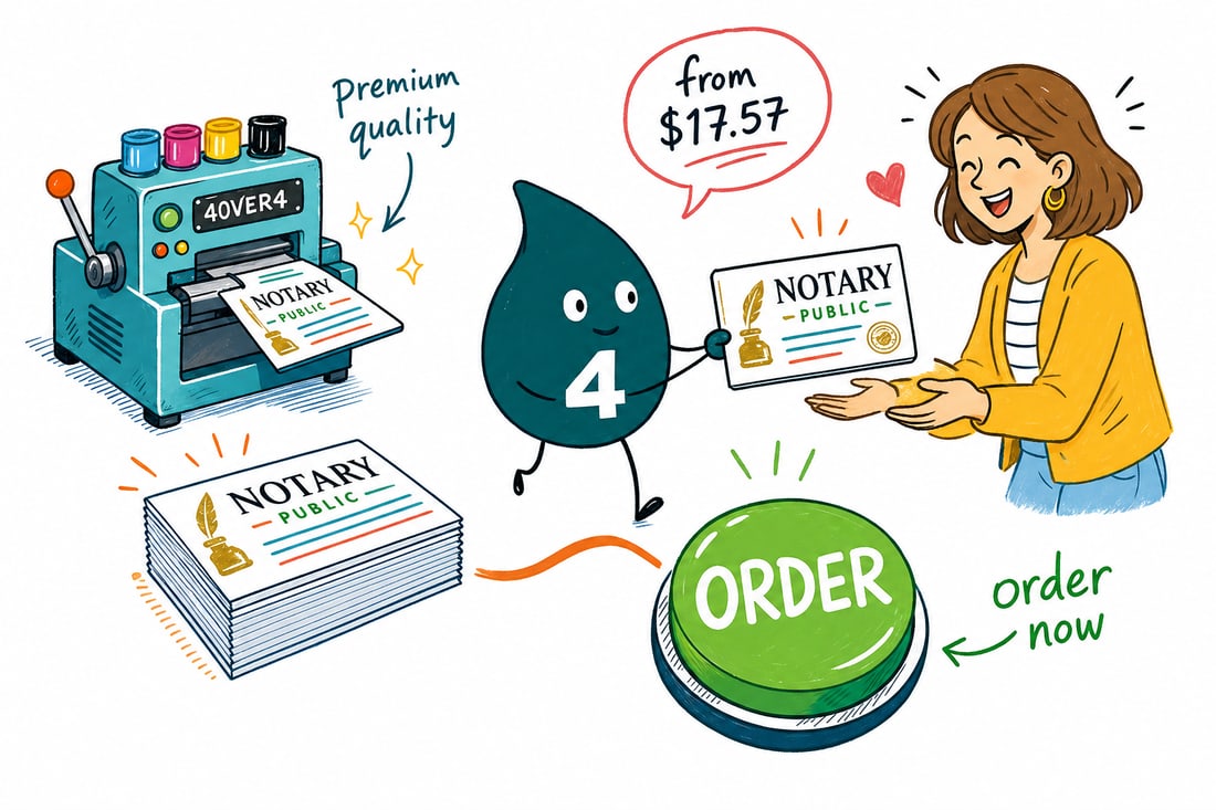 Wally the 4OVER4 mascot handing a professional notary business card, priced at $17.57 for 100, across a signing table to a client, teal hand-drawn line art.