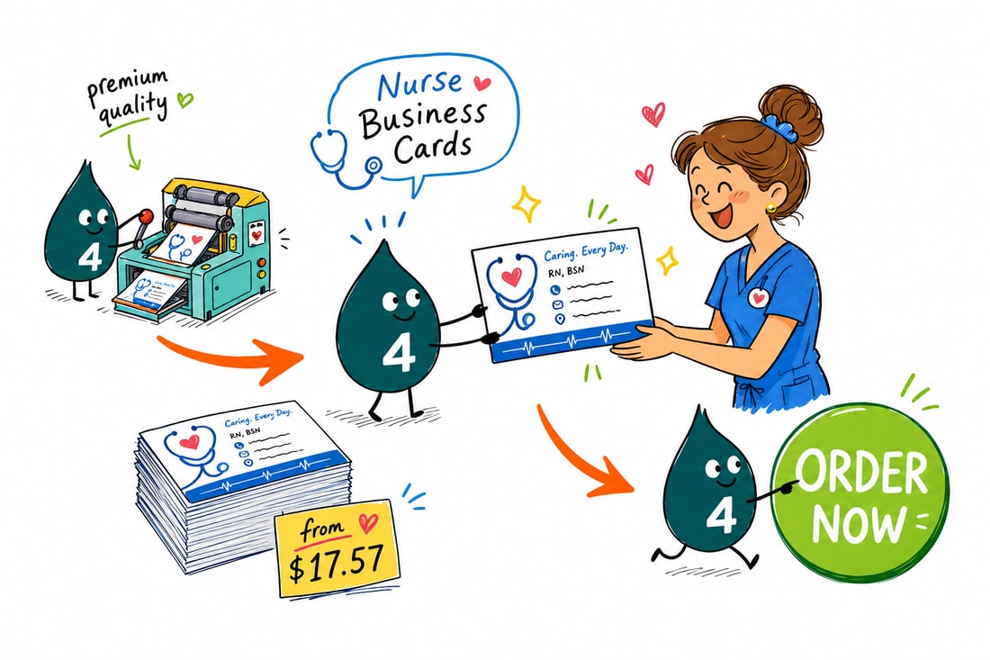 Wally the 4OVER4 mascot handing a nurse a professional business card priced at $17.57 for 100, showing RN credentials and a QR code, teal hand-drawn line art.